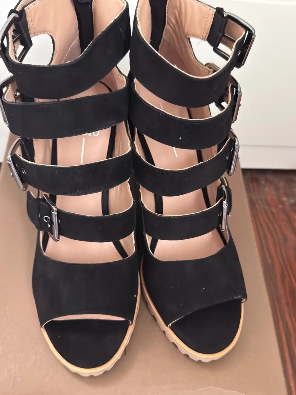 Linea Paolo Wisteria Buckle Wedge Sandal in Black Suede Size 9 MSRP $139
